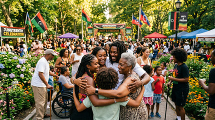 A joyful multi-generational diverse community sharing a group hug at a Juneteenth celebration in a lush city park with vendor tents and Pan-African flags, ideal for cultural unity and heritage event a