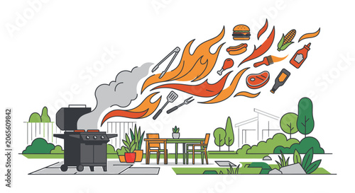 Outdoor BBQ Grill Party Illustration with Flaming Food and Backyard Cookout Scene