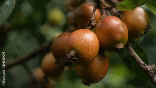 Ripe loquats hanging from a...