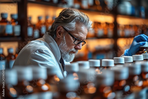 Scientist inspecting a new anti aging compound in a warm laboratory