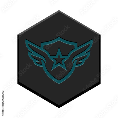Modern Hexagonal Military Shield Icon with Wings and Star in Dark Teal and Black.