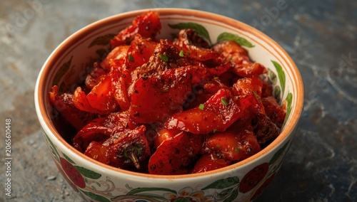 Bowl of seasoned roasted red peppers on a textured surface