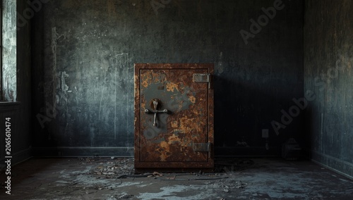 Rusty old safe in a dilapid...