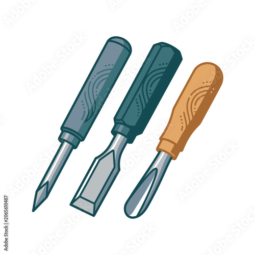 Professional Woodworking Chisel Set Illustration with Three Different Carving Tools.