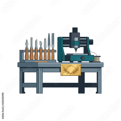 Professional Woodworking Workbench with CNC Milling Machine and Hand Carving Tools.