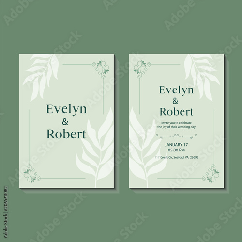 Set of Wedding Invitation Card Templates with Beautiful Green Leaves, Elegant Botanical Wedding Invitation Design, Luxury Greenery Wedding Stationery, Floral Wedding Card Template, Modern Leaf Wedding