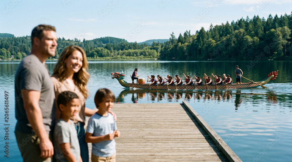 Fototapeta premium A family including young children stands on a sunny wooden dock to watch a dragon boat team row past on a calm blue lake, suitable for cultural and outdoor lifestyle content.