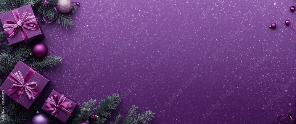 Fototapeta premium Purple festive background showing gift boxes fir branches ornaments and banner with copy space for Christmas and New Year