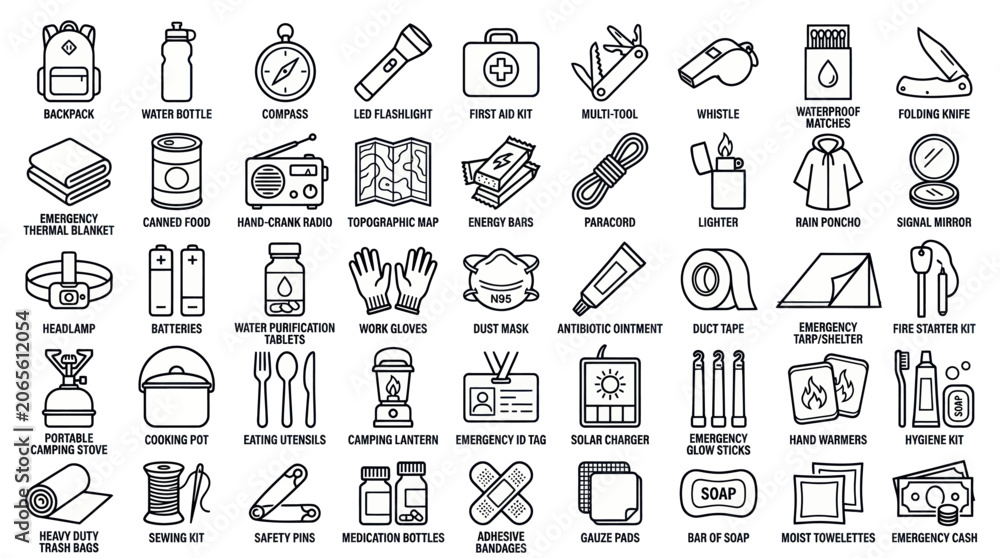 Naklejka premium Comprehensive set of outdoor survival and camping icons.
