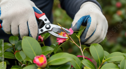 Gardener wearing protective gloves uses sharp pruning shears to trim blooming pink camellia flowers.