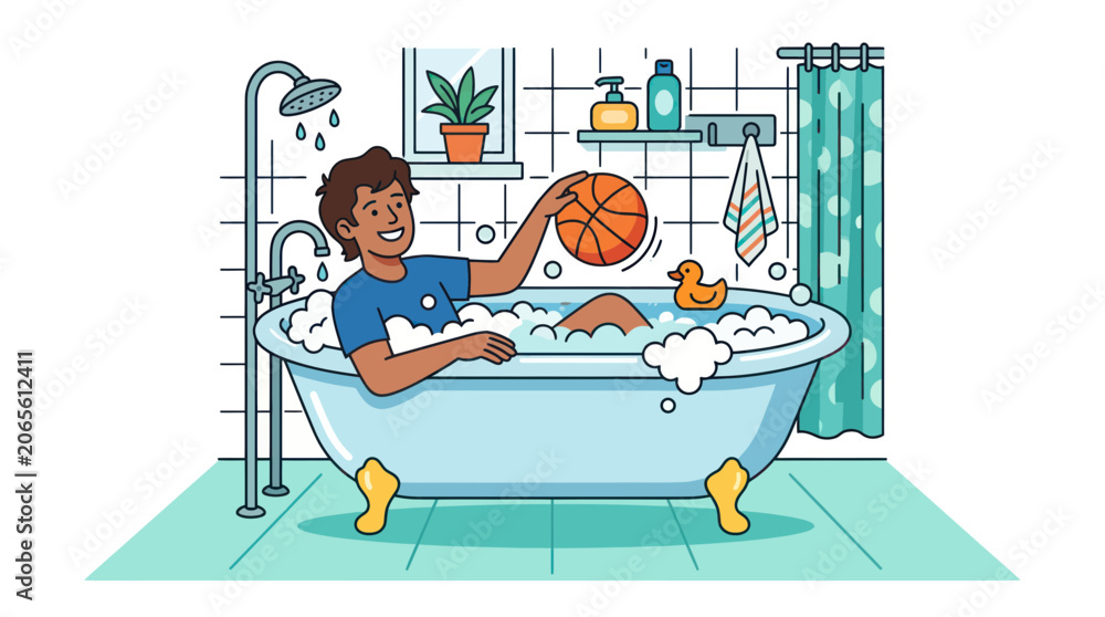 Obraz premium Happy man playing with basketball in a bubble bath tub