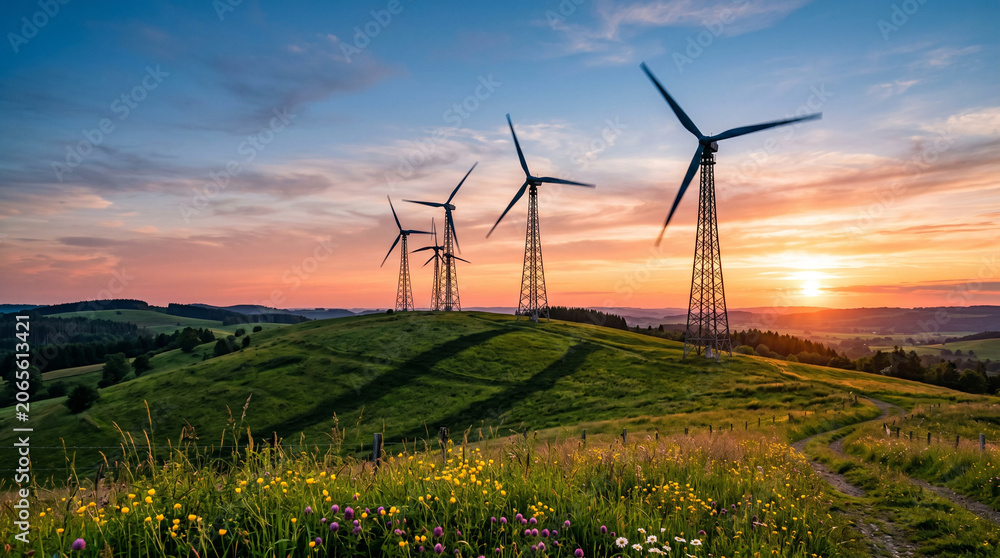 Naklejka premium Four wind turbines spin above a wildflower-dotted green hill at a vibrant sunset, representing clean renewable energy and environmental sustainability.