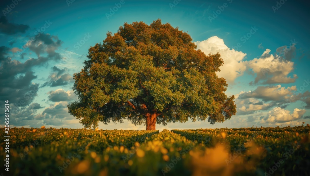 Obraz premium Lush agricultural field with a towering tree set against a vivid sky
