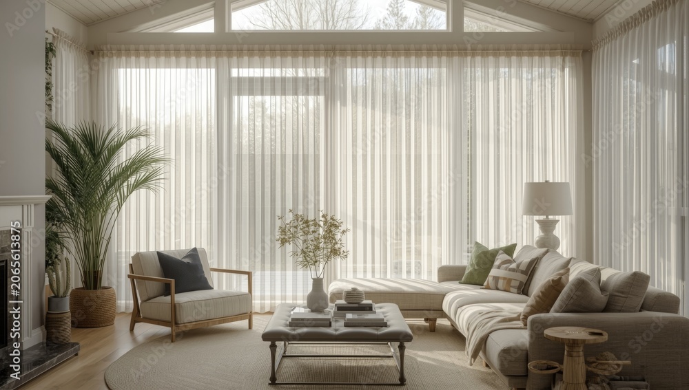 Fototapeta premium Cozy living room with large windows and natural light