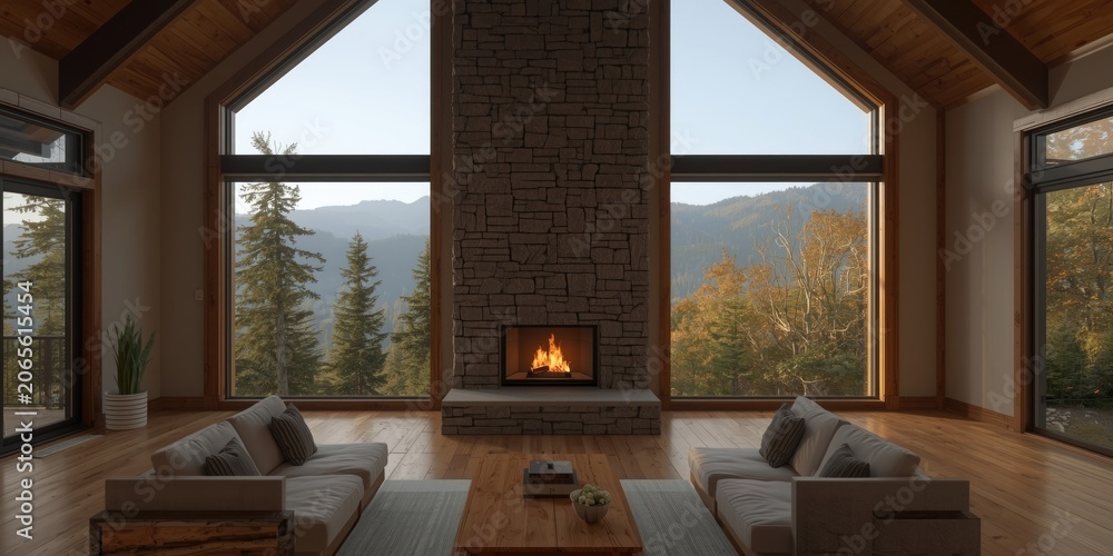 Obraz premium Large room with high windows illuminating a fireplace overlooking natural mountain scenery