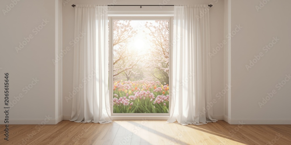 Fototapeta premium Window with curtains overlooking a flower garden at sunrise