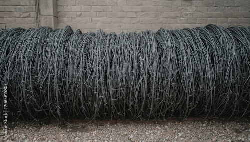 Coiled barbed wire stacked ...