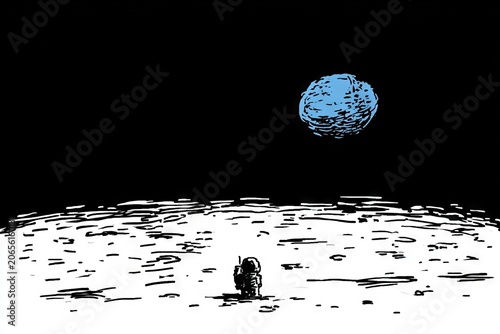 Astronaut standing on the moon surface looking at planet Earth from deep space, Rear view of cosmonaut in spacesuit on lunar surface watching blue Earth, space exploration concept.