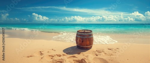 Sandy shoreline with wooden...