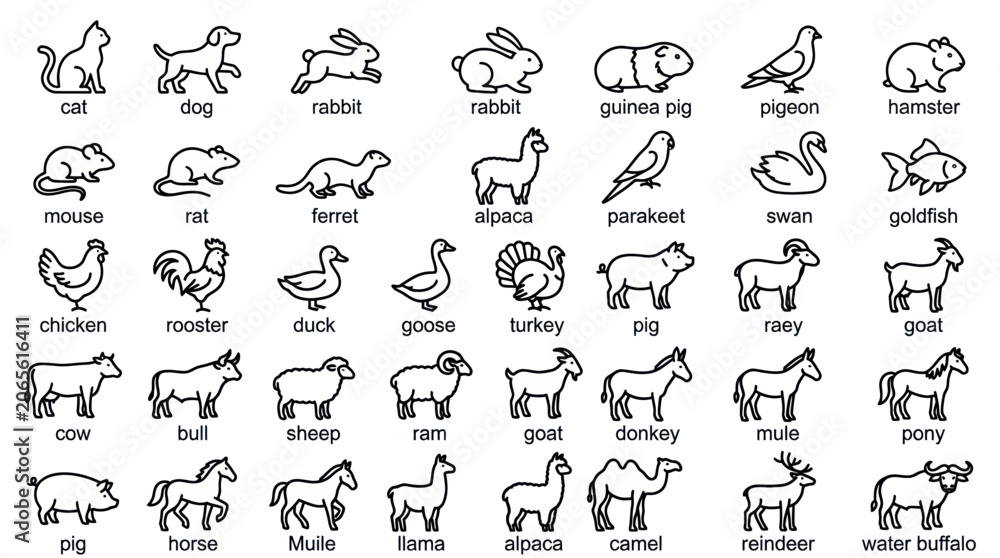 Fototapeta premium Domestic and farm animal thin line icon set.