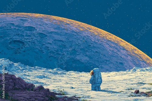 Astronaut standing on the moon surface looking at planet Earth from deep space, Rear view of cosmonaut in spacesuit on lunar surface watching blue Earth, space exploration concept.