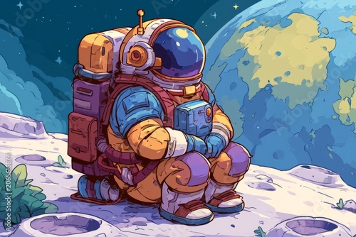 Astronaut standing on the moon surface looking at planet Earth from deep space, Rear view of cosmonaut in spacesuit on lunar surface watching blue Earth, space exploration concept.