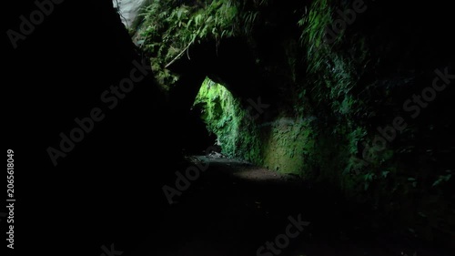 Slow motion move through Ubud Bali jungle caves. Location: Ubud, Bali. Camera tracks forwards / dolly in slow motion through the caves. Vegetation, and light seep through the dark. Cinematic. 
