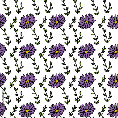 Seamless pattern with creative violet flowers and green branches on white background.eps