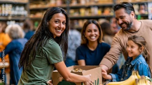 Diverse group of people volunteering at a food bank, packing groceries for donation.