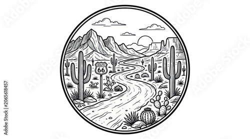 Bild auf Leinwand Winding desert highway with saguaro cacti and mountains in a circle