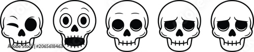 Konstfotografi Cartoon skull emoji vector set showing different expressions like winking surprised neutral sad and tired isolated on white background