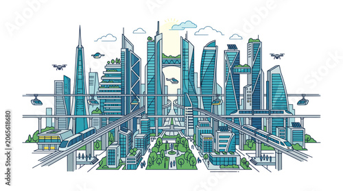 Schilderij op canvas Futuristic smart city with high speed trains and drone delivery