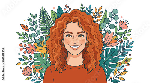 Happy woman with curly red hair surrounded by tropical plants