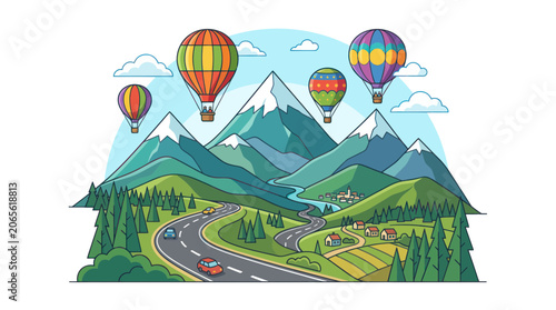 Hot air balloons flying over a scenic mountain landscape with a road