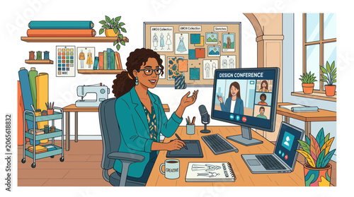Fashion designer participating in a virtual design conference