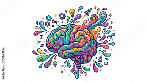Vibrant human brain with creative and scientific symbols