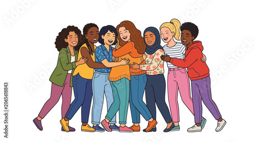 Diverse group of friends hugging and laughing together