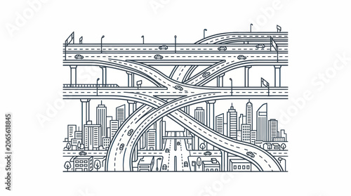 Modern urban highway interchange with cars and city skyline line art