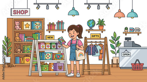 Young girl shopping for gifts and toys in a colorful store