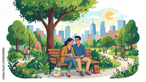Happy couple relaxing on a wooden bench in a sunny urban park