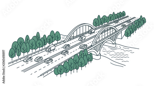 Modern highway arched bridge with traffic crossing a river