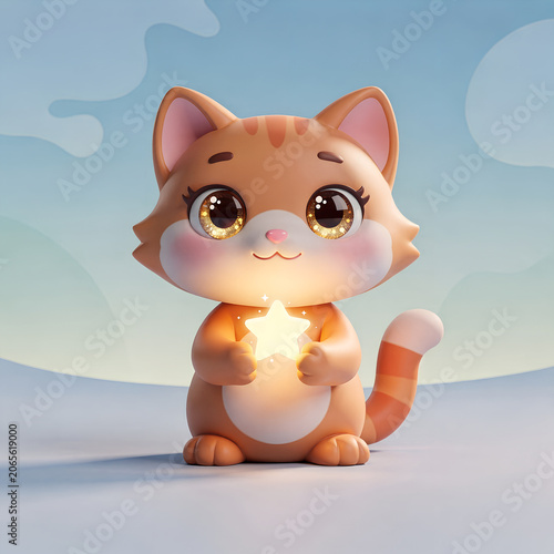 Cute cartoon cat holding a glowing star on a soft pastel background
