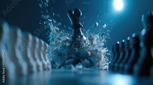 Black chess piece shatters white pieces in a dramatic confrontation