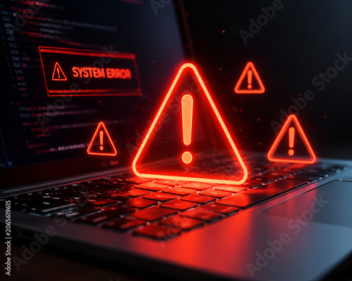 Warning alert triangle icons glowing over laptop keyboard representing system error notification