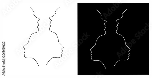 Optical illusion featuring four human face profiles formed by a single symmetrical contour line, illustrating perception, psychology, and visual ambiguity.