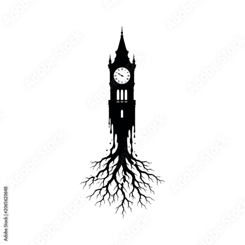 Clock tower silhouette with tree roots growing downwards on white background