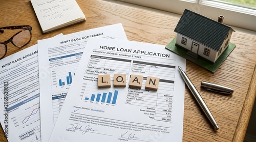 Home Loan Application Form with House Model, Calculator and Financial Documents on Desk, Mortgage Approval Concept