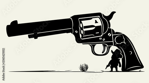 A large black revolver handgun weapon.