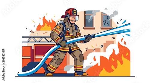 Fényképezés Brave firefighter battling intense flames with a high pressure hose