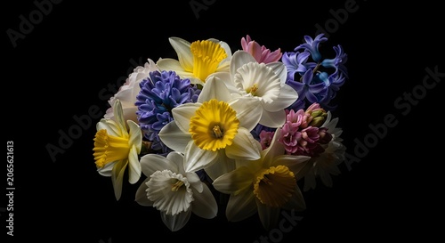 Bouquet of daffodil and hyacinth flowers on black background